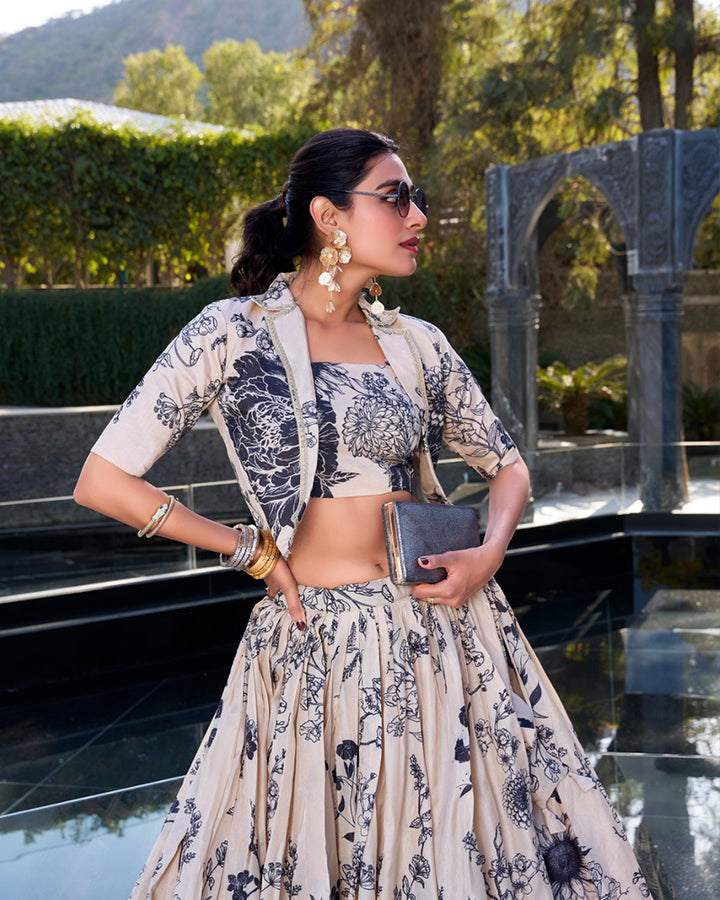 Designer Cream Color Tussar Silk Lehenga Choli With koti
