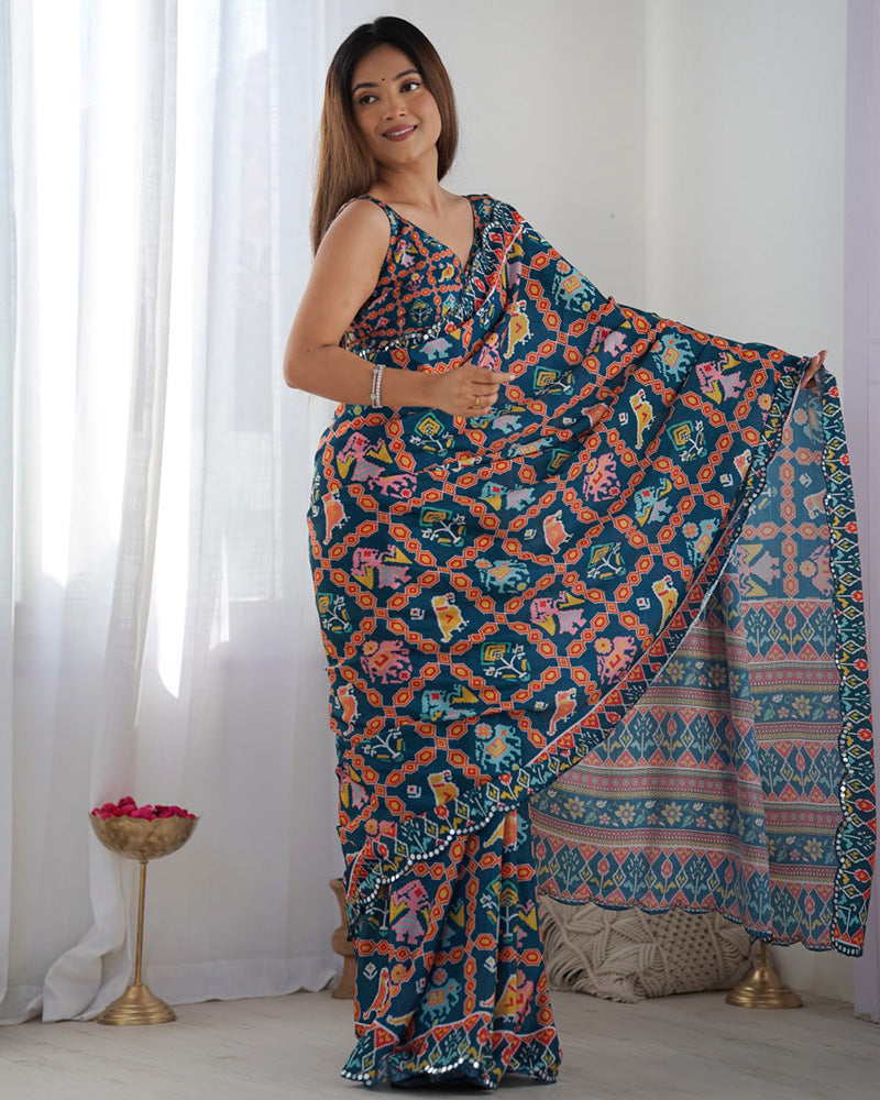 Rama Color Chinnon Silk Printed Saree
