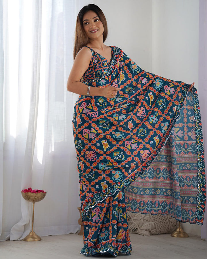 Rama Color Chinnon Silk Printed Saree