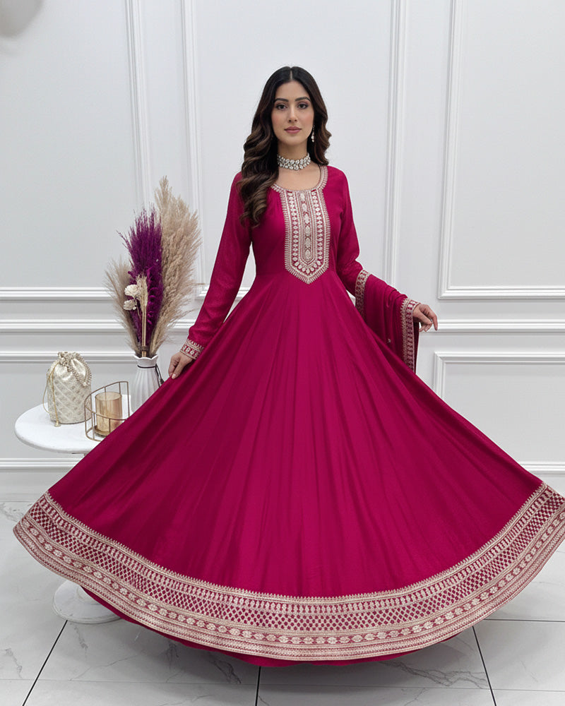 Dark Pink Vichitra Silk Sequence Embroidered Gown