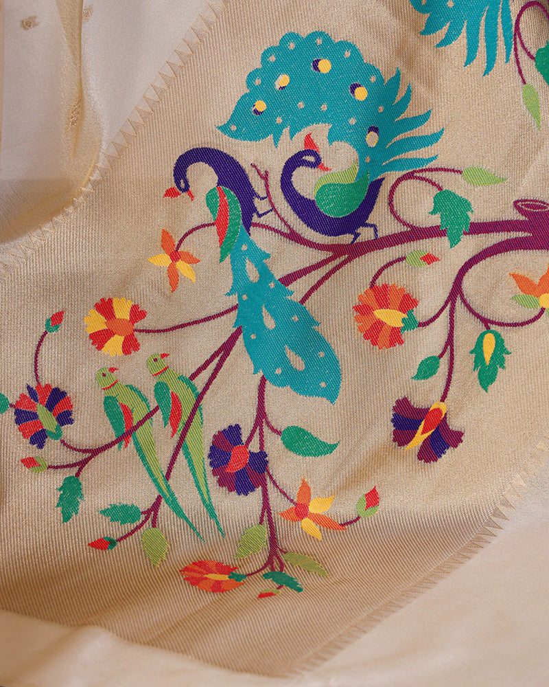 Cream Color Zari Weaving Tissue Paithani Saree