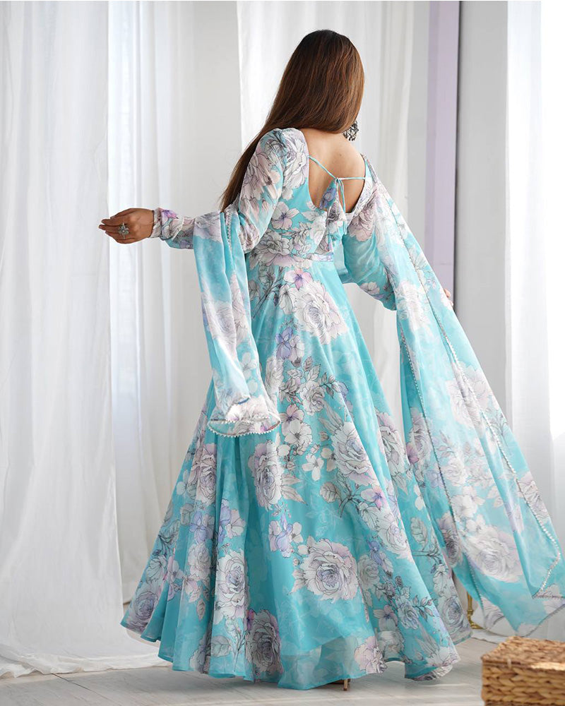 Sky Blue Color Georgette Floral Printed Gown