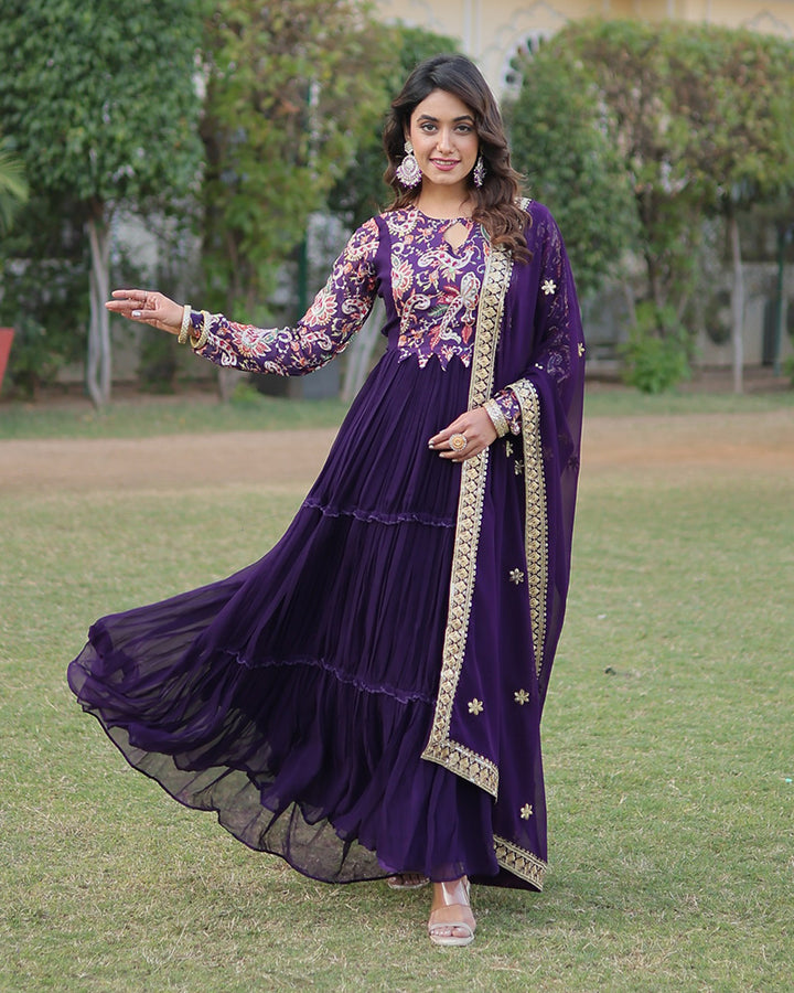 Designer Purple Color Georgette Frill Anarkali Gown With Dupatta