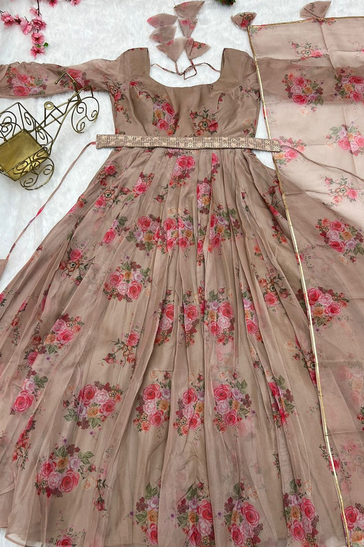 Chocolate Tebby Silk Anarkali Gown With Belt And Dupatta