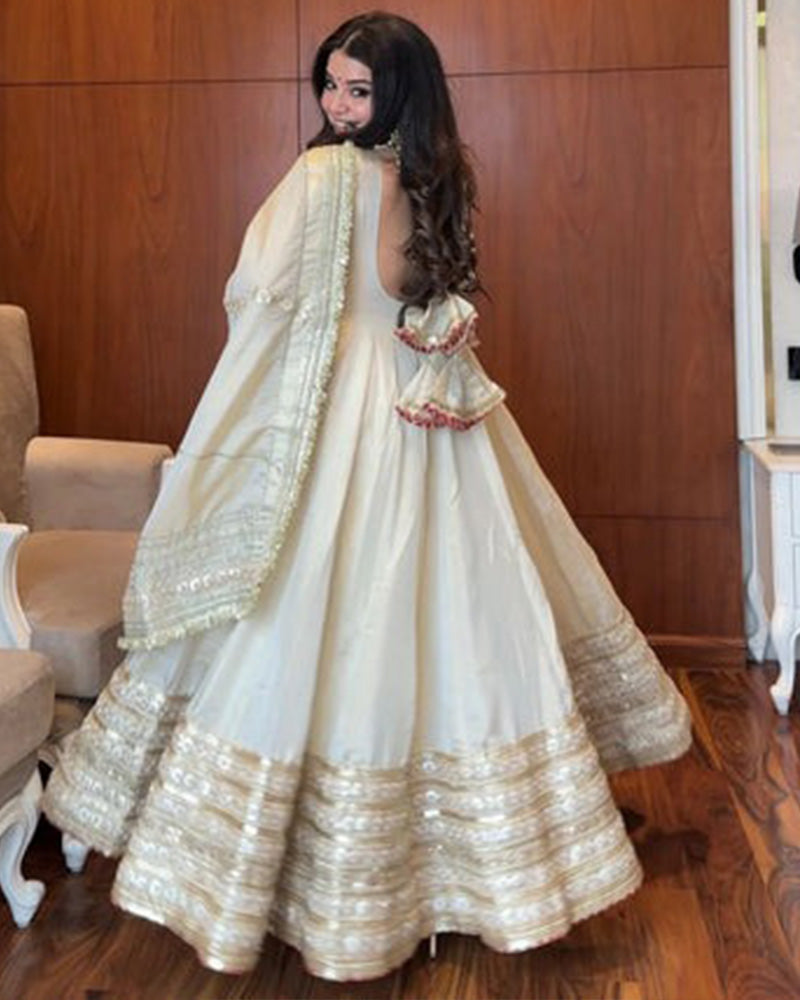 Off-White Color Pure Chinon Silk Embroidered Anarkali Suit