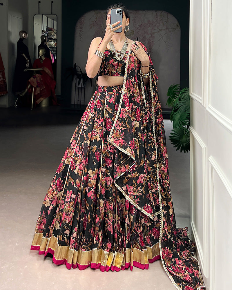 Black Color Chiffon Floral And Foil Printed Lehenga Choli