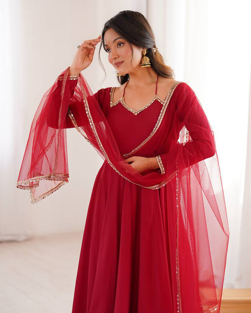 Maroon Color Chanderi Roman Silk Three Piece Anarkali Suit
