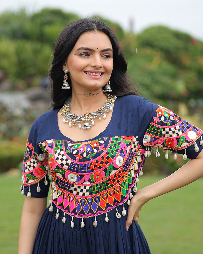 Navratri Wear Royal Blue Color Rayon Gamthi Work Gown