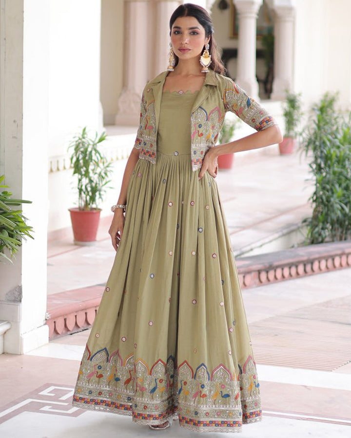 Olive Green Color Vichitra Silk Embroidered Gown
