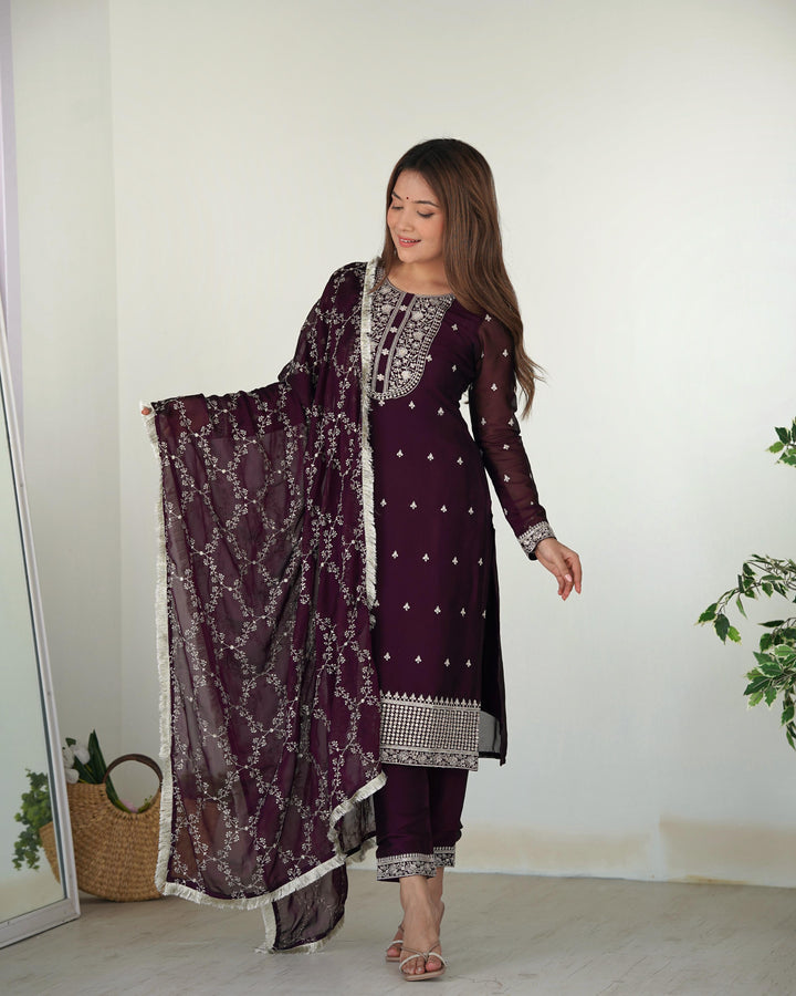 Wine Color Blooming Rangoli Silk Three Piece Salwar Suit