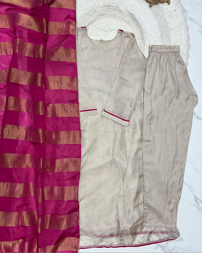 Cream Color Soft Organza Three Piece Kurti Suit