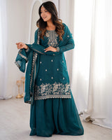 Teal Blue Color Soft Crunchy Silk Embroidered Plazzo Suit