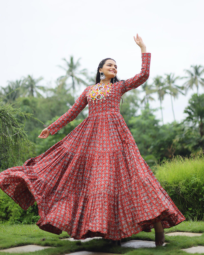 Navratri Special Maroon Color Cotton Gamthi Work Gown