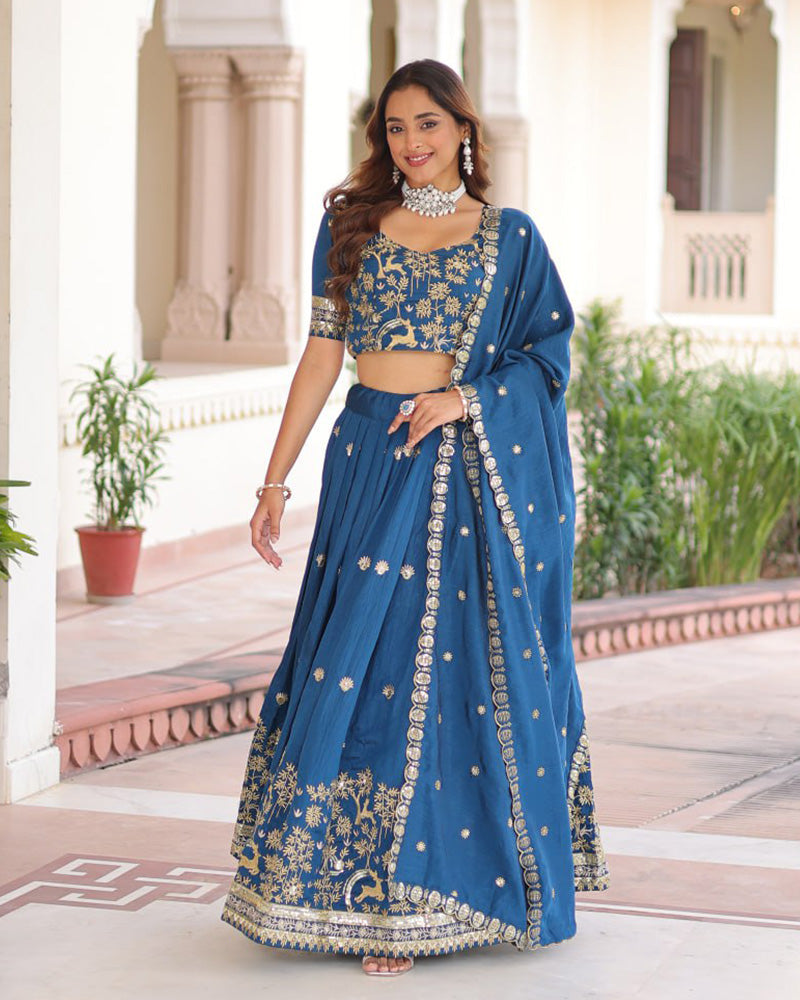 Peacock Blue Color Vichitra Silk Sequence Embroidered Lehenga Choli