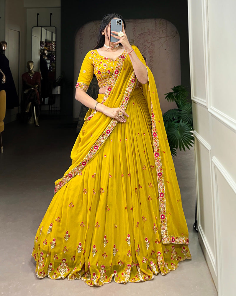 Designer Yellow Color Star Georgette Lehenga Choli