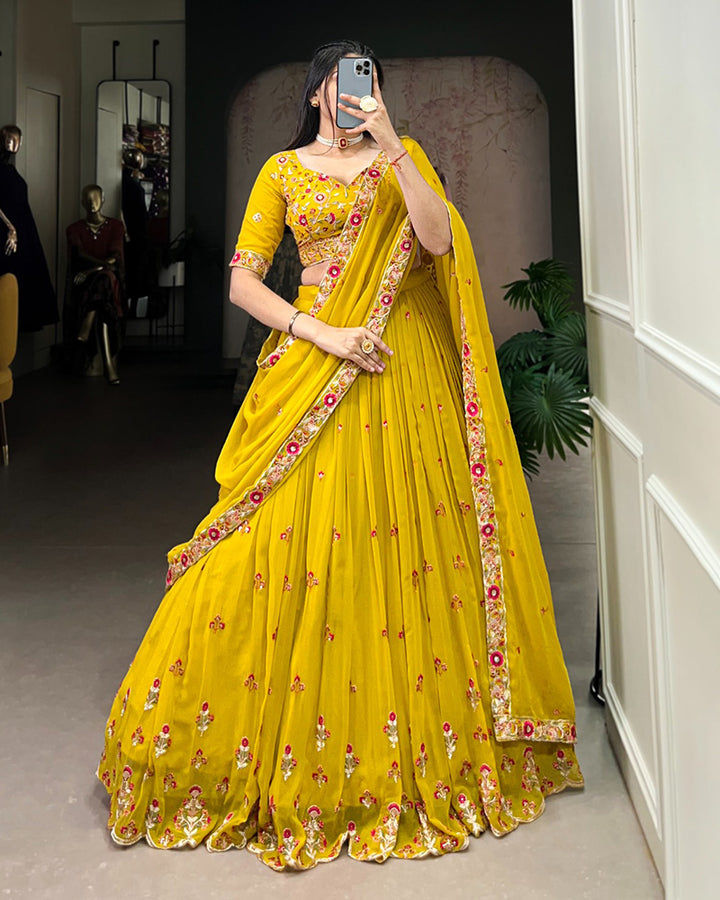 Designer Yellow Color Star Georgette Lehenga Choli