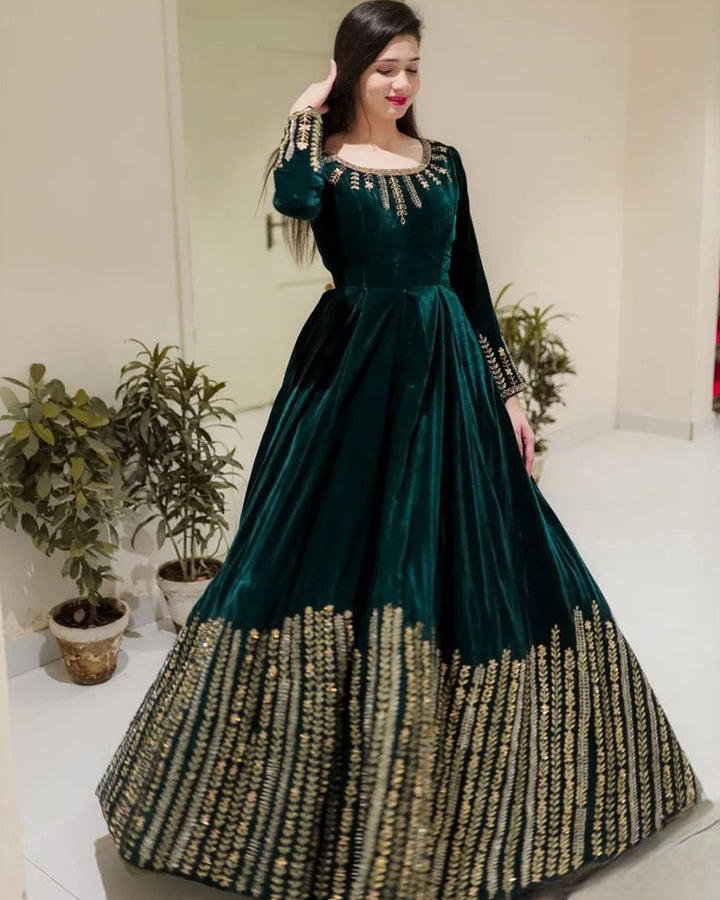 Bottle Green Color Viscose Velvet Embroidered Anarkali Suit