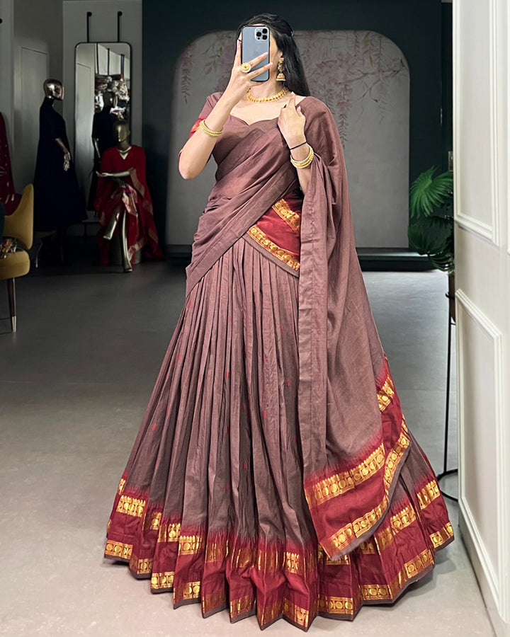 Traditional Brown Color Chanderi Half Saree With Zari Detailing