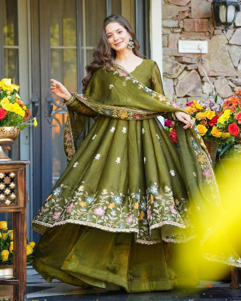 Mehndi Color Crunchy Silk Embroidered Sharara Suit