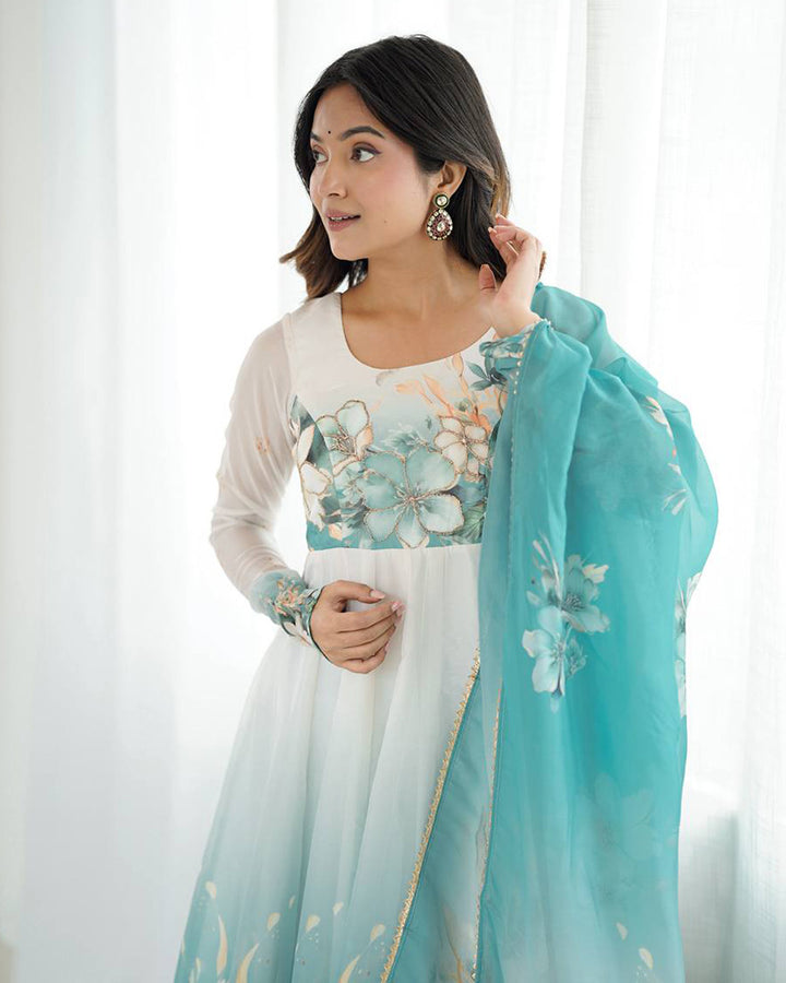 Aqua Blue Color Organza Silk Three Piece Anarkali Suit