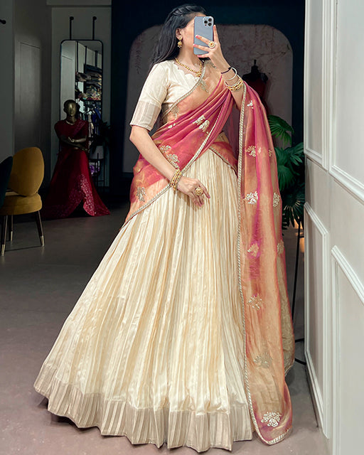 Off White Color Poly Kotha Tussar Zari Weaving Half Saree