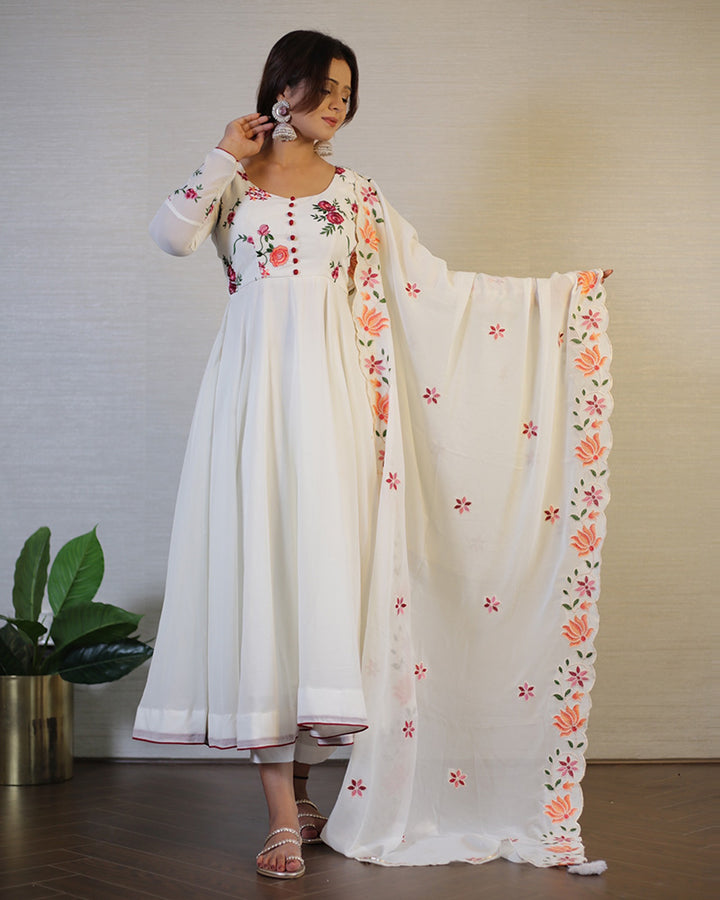 Off-White Color Georgette Anarkali With Pant And Dupatta