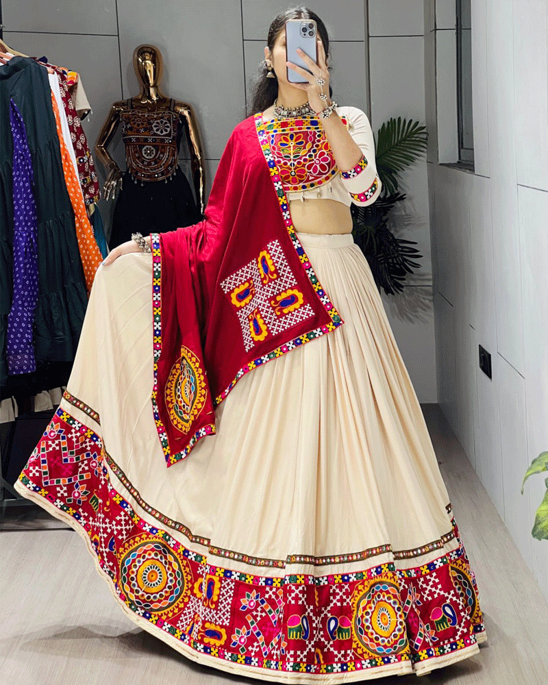 Beige And Maroon Color Pure Rayon Cotton Navratri Lehenga Choli