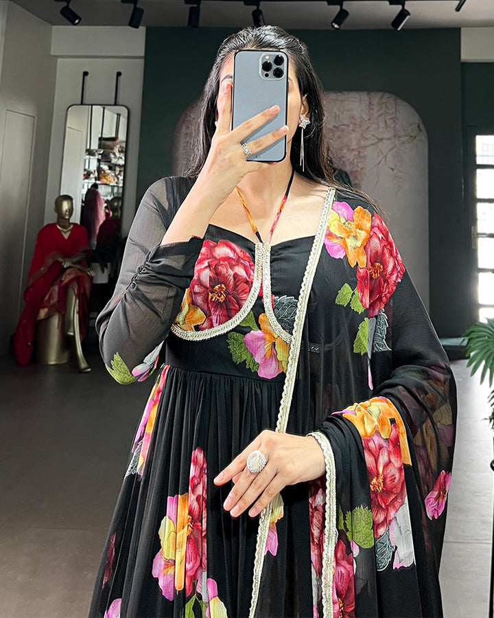 Black Color All Over Floral Printed Chiffon Gown