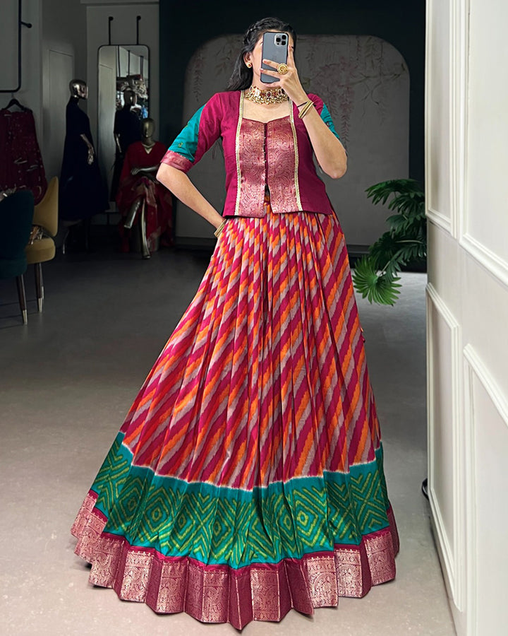 Red Color Tasar Silk Printed Zari Weaving Lehenga Choli