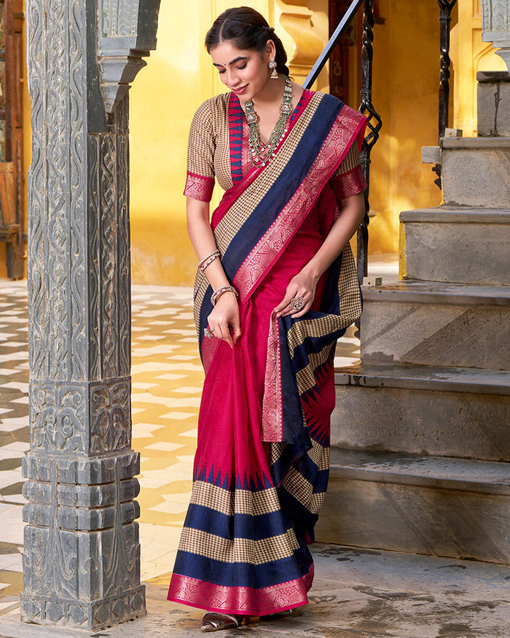 Pink Color Poly Cotton Printed Saree