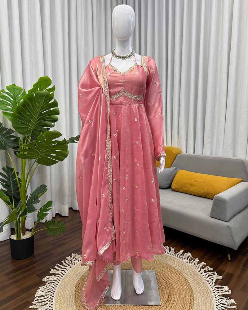 Peach Color Fendi Silk Thread Embroidered Anarkali Suit