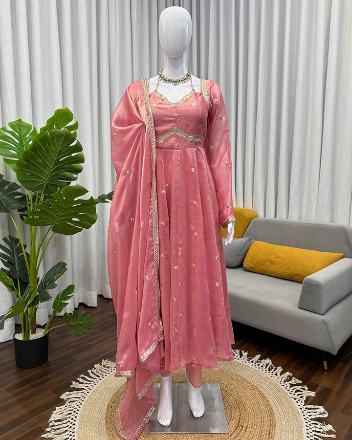 Peach Color Fendi Silk Thread Embroidered Anarkali Suit