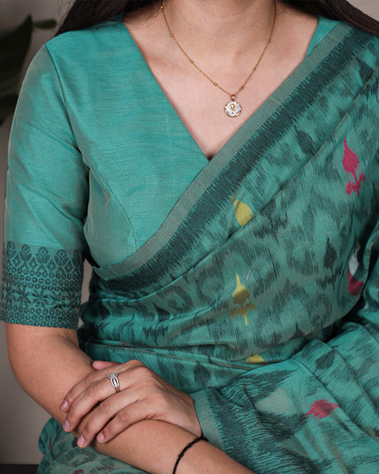 Teal Green Color Thread Weaving Poly Cotton Saree