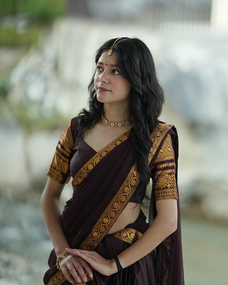 Dark Brown Color Kanjivaram Silk Zari Weaving Half Saree