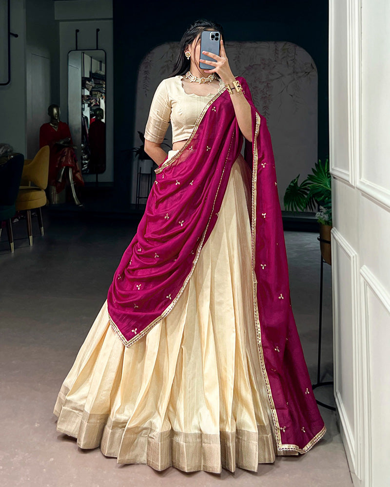 Off-White Color Poly Kotha Tasar Silk Half Saree