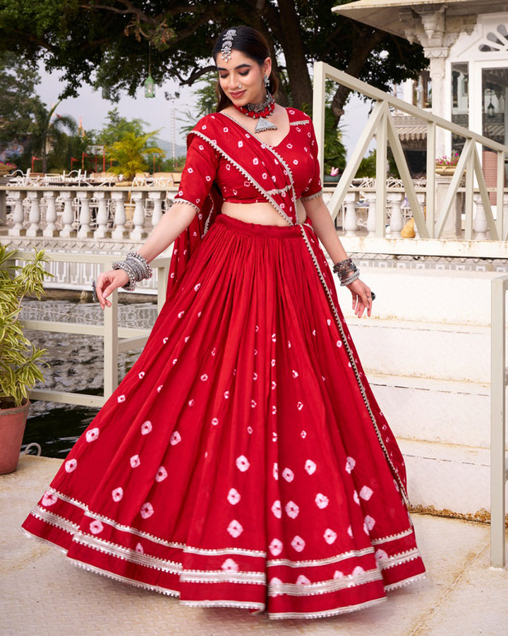 Red Color Pure Chanderi Bandhej Print Lehenga Choli