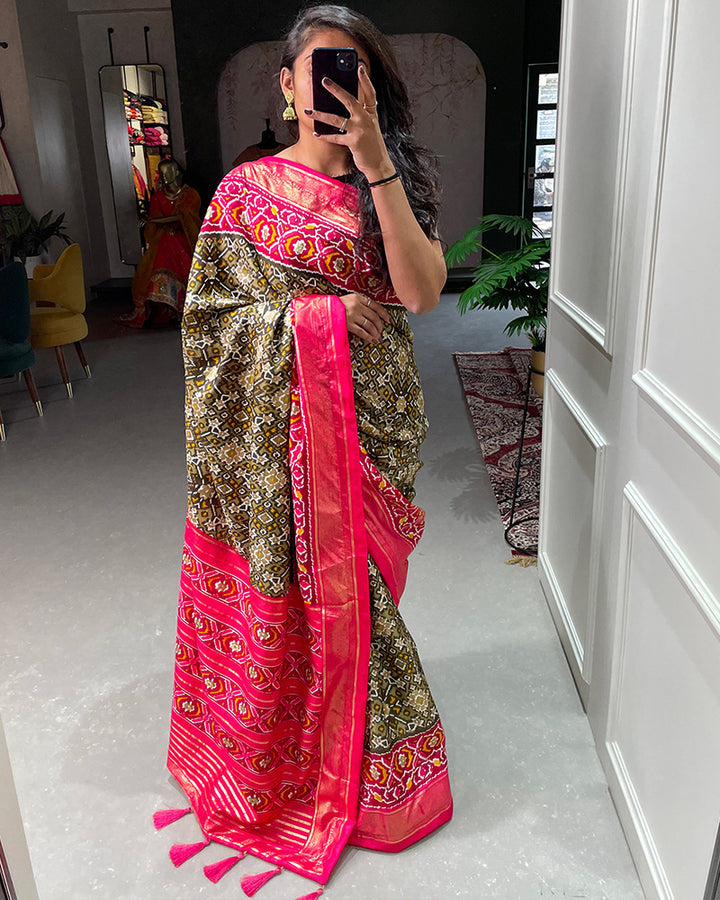 Mehndi Color Patola Print With Foil Work Dola Silk Saree