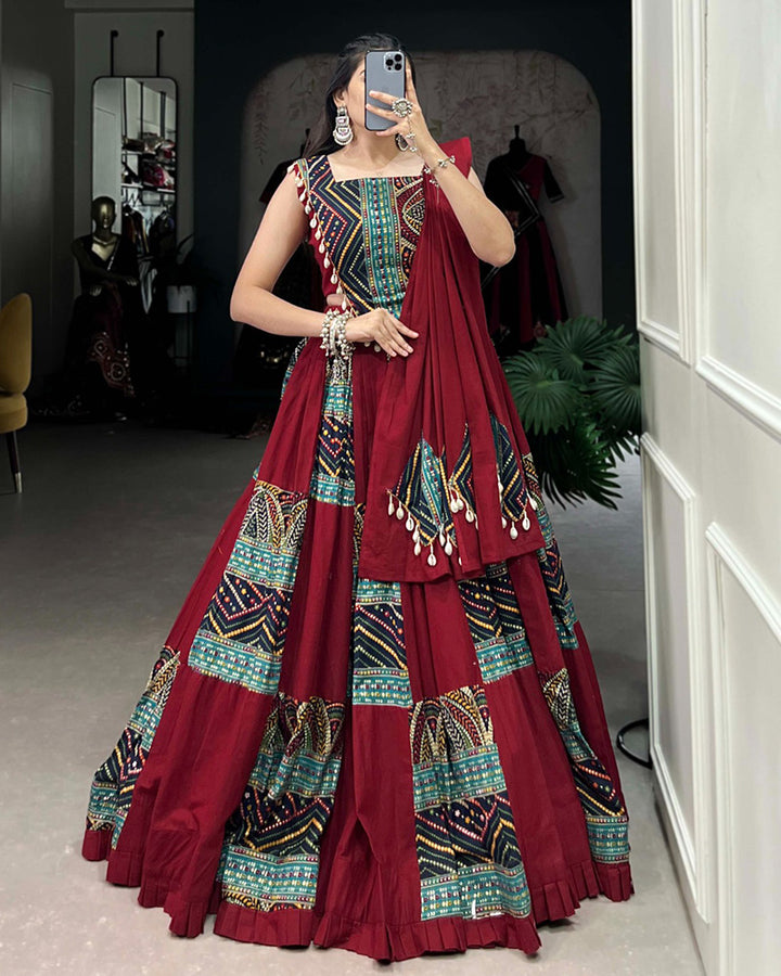 Maroon Color Cotton Print And Foil Work Navratri Lehenga Choli