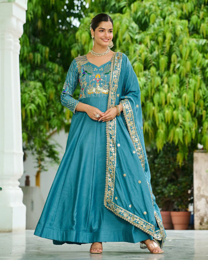 Teal Blue Color Vichitra Silk Sequence Embroidered Gown