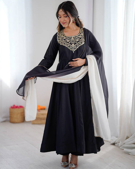 Black Color Soft French Crape Embroidered Anarkali Suit