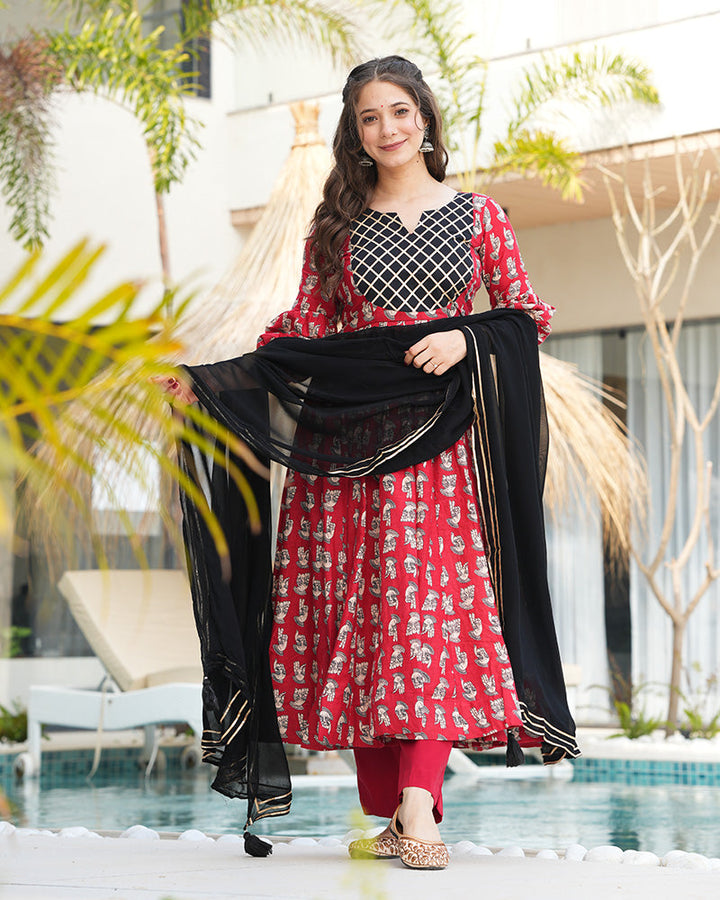 Maroon and Black Color Printed Pure Cotton Anarkali Suit