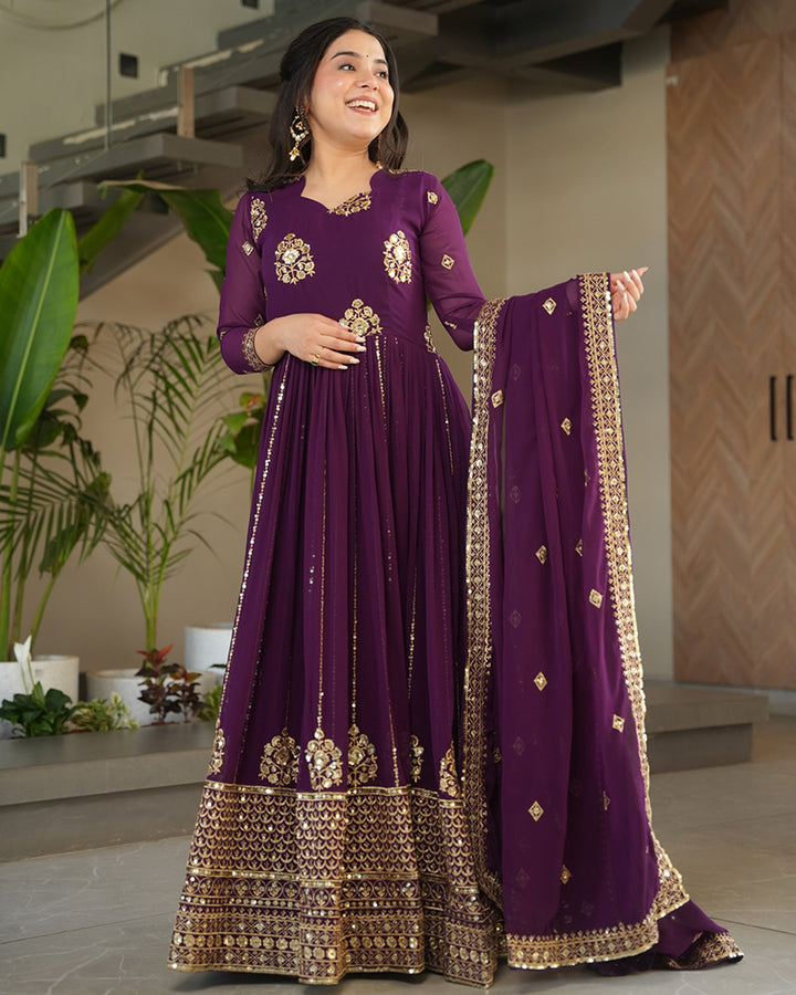 Royal Purple Color Faux Blooming Gown With Embroidered Dupatta