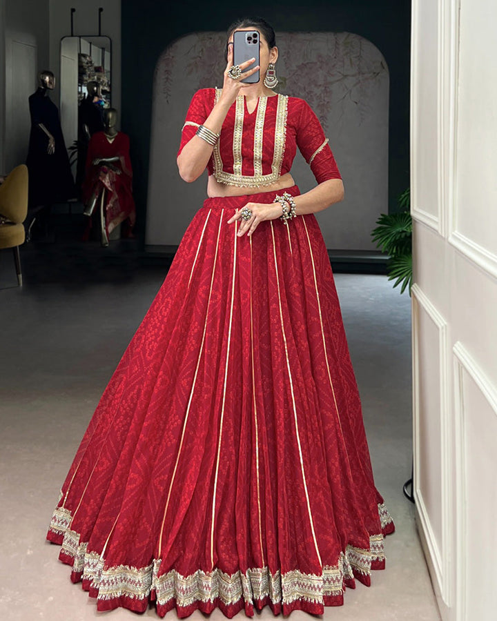 Red Color Chiffon Bandhej Printed Navratri Lehenga Choli