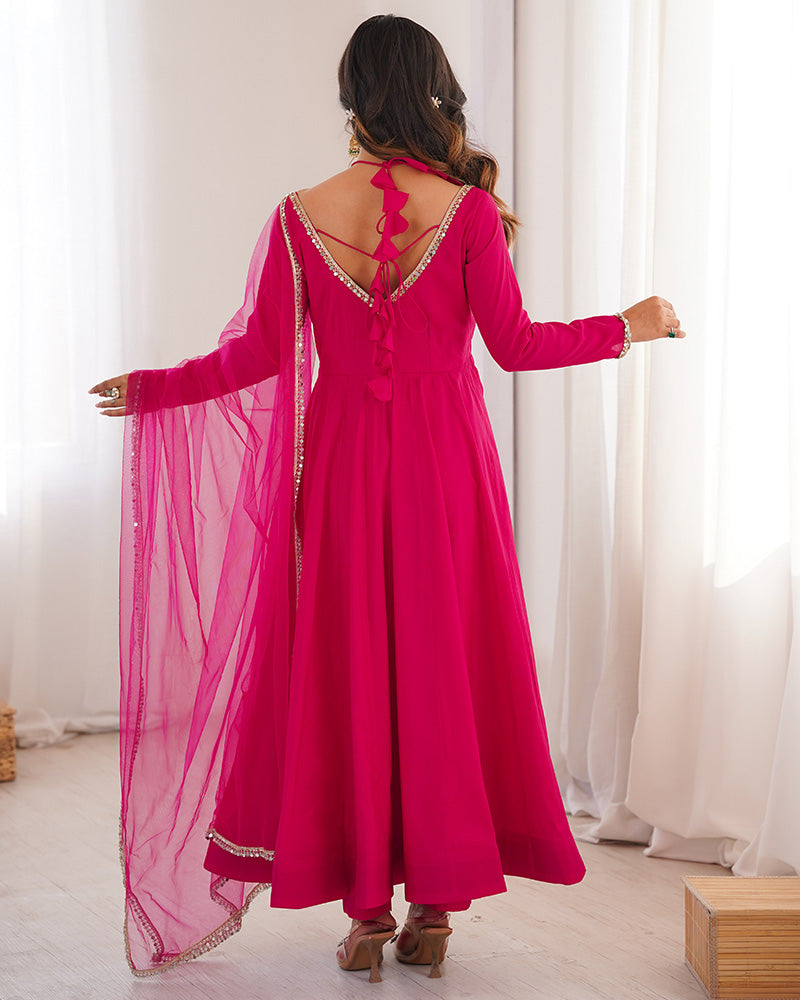 Rani Pink Color Chanderi Roman Silk Three Piece Anarkali Suit