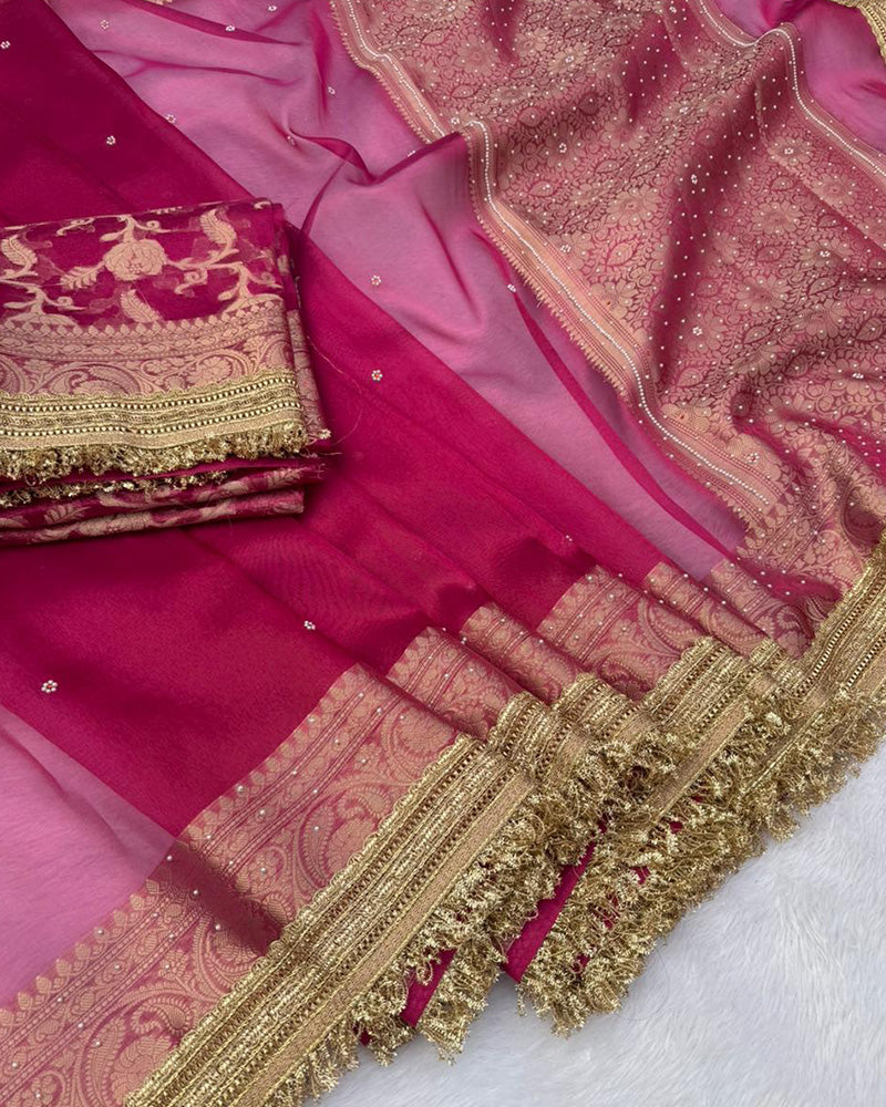 Rani Pink Color Banarasi Tissue Silk Saree