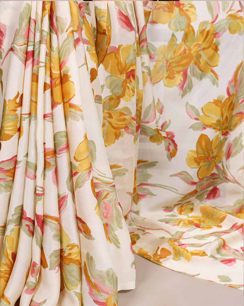 Yellow Color Satin Silk Floral Printed Saree