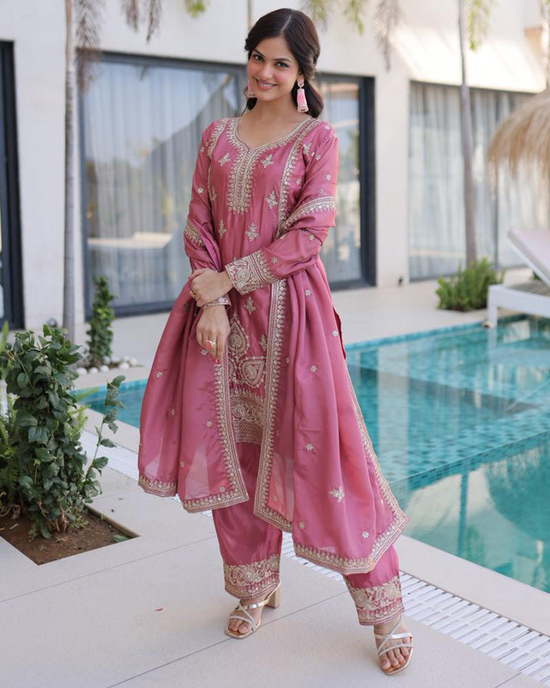 Pink Color Ho Silk Embroidered Kurti Suit