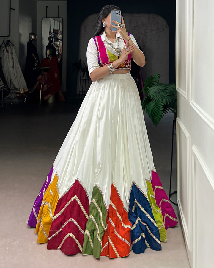 White Lehenga Choli WIth Vibrant Multicolor Flare