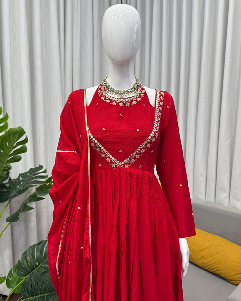 Red Color Chinon Silk Embroidered Plazzo Suit