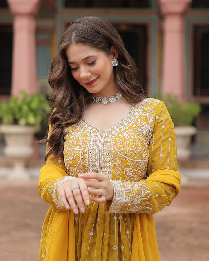 Yellow Color faux Georgette Embroidered Sharara Suit